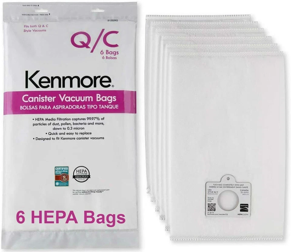 6 bolsas de vacío Kenmore Sears tipo Q/C HEPA estilo 5055 20-50558 50557 53292 Foto 2 de 4