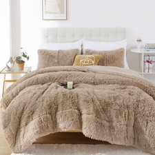 Faux Fur Taupe Comforter Set Size 3Pcs Fluffy Fuzzy Plush Queen Khaki