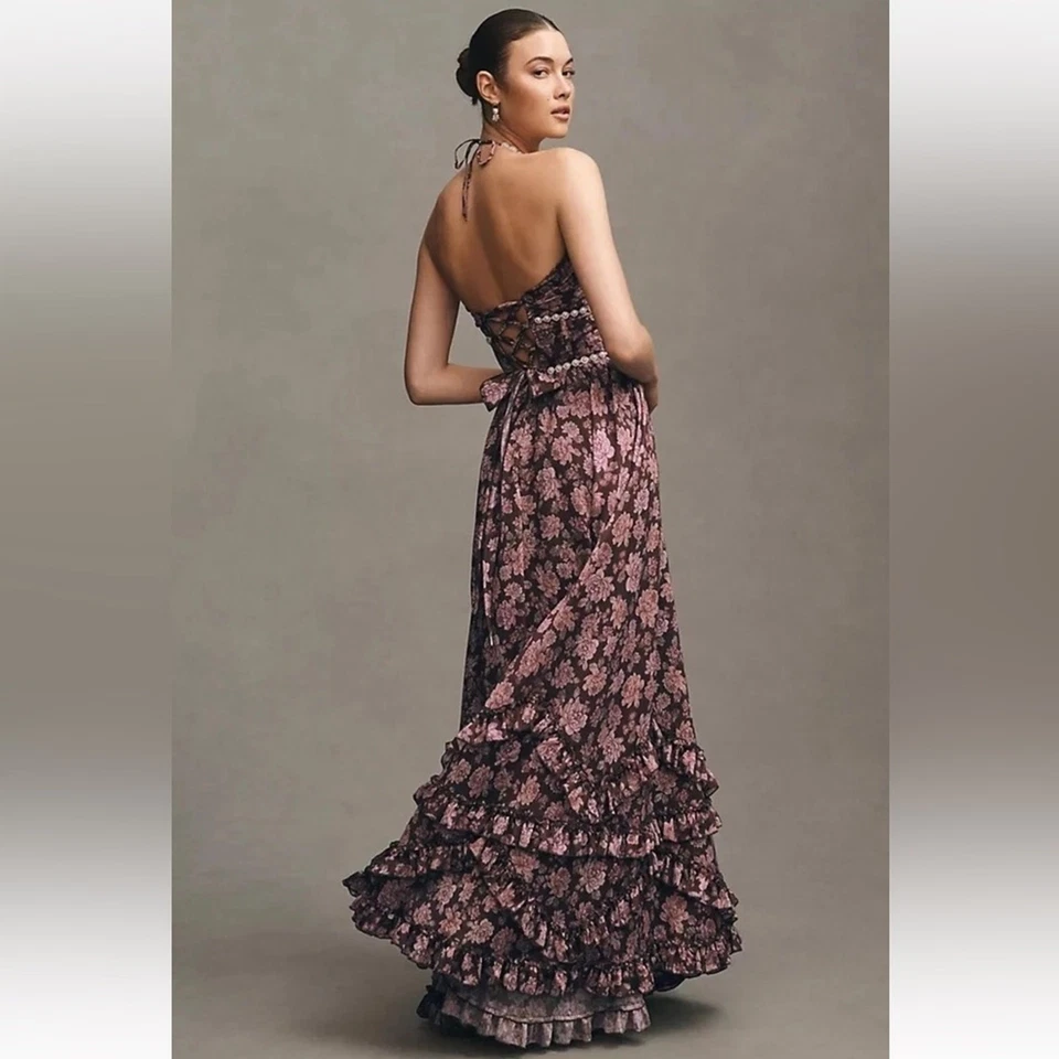 Vestido corsé halter escarlata elegante de lujo Anthropologie V. Chapman para mujer Foto 2 de 4