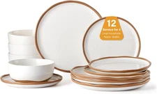 Plates and Bowls Set, 12 Pieces Farmhouse Ceramic Dinnerware Sets, Scratch Resis