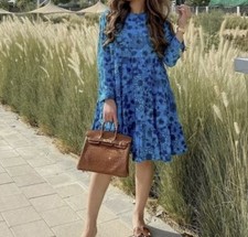 Zara Women’s Blue Floral Print 3/4 Sleeve Round Neck Flared Mini Summer Dress L