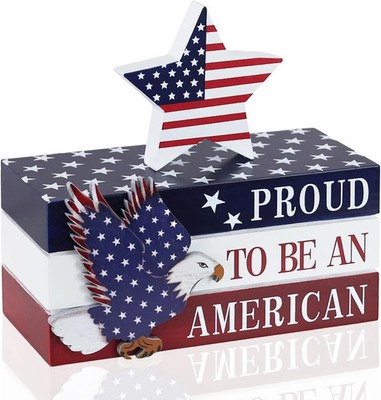 4th of July Decorations Patriotic Wooden Stacked Books Sign American Eagle Decor