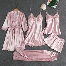 5 Pieces Night Pajamas Set Satin Home Women Nightdress Lace Robe Sleep Suit Cami