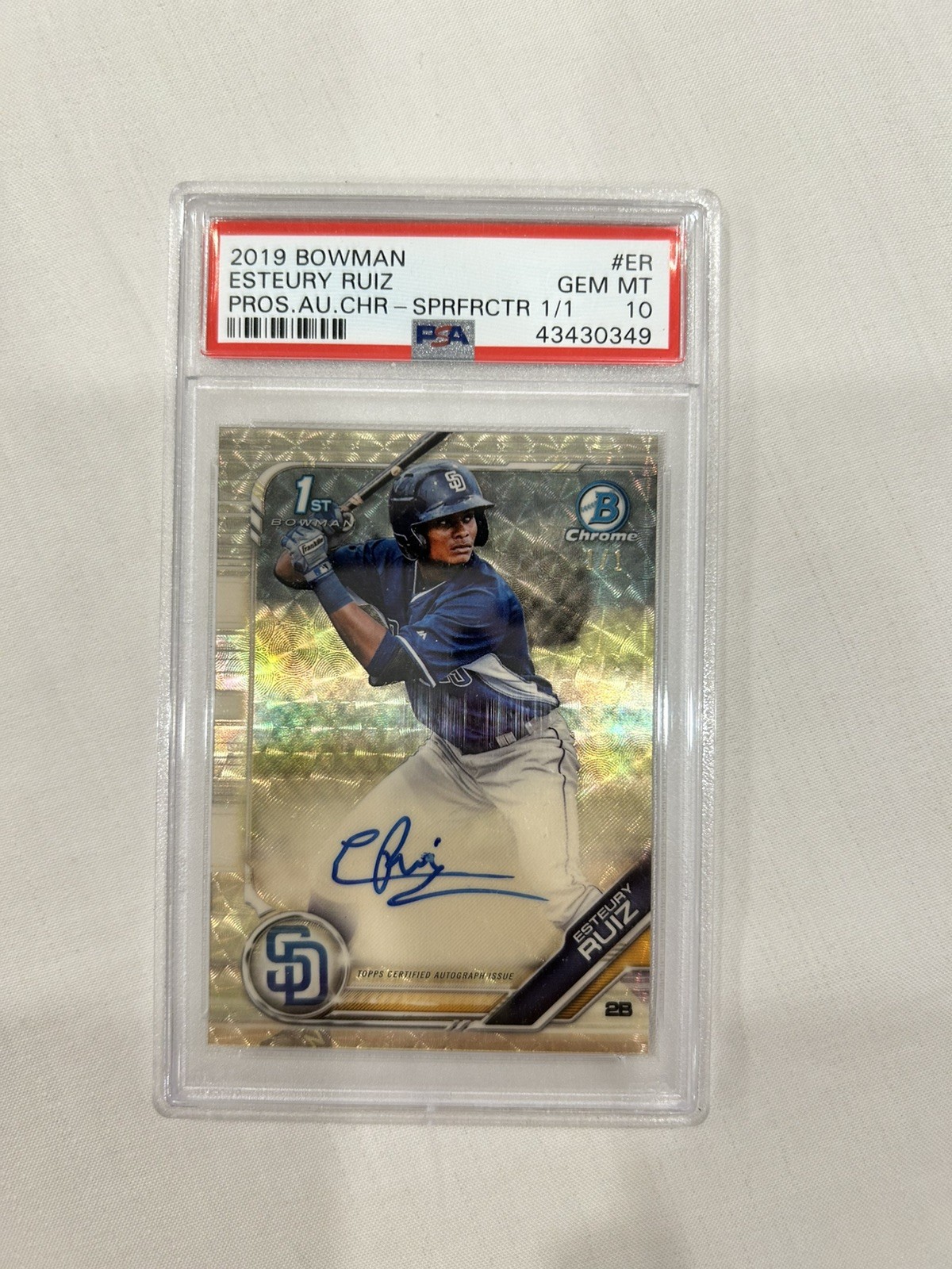 PSA 10 True Superfractor 2019 Bowman Chrome RC Esteury Ruiz #d1/1 Auto Autograph view 2