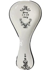 Katie Mandie GOING STIR CRAZY Spoon Rest Ceramic Humor 12" Black White