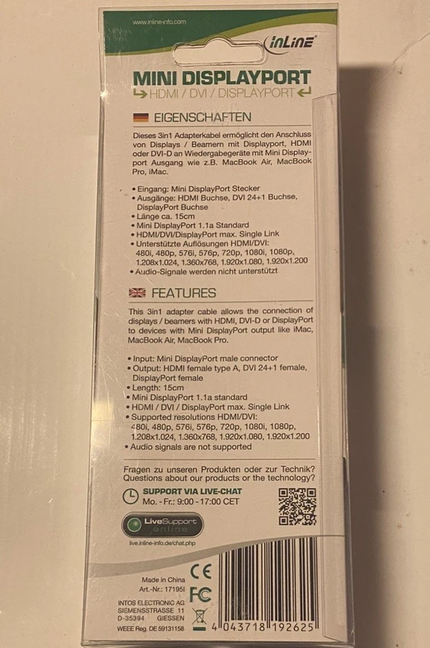 InLine Mini DisplayPort zu HDMI DVI mDisplayPort Adapterkabel, weiß 17195I neu - Bild 2 von 3