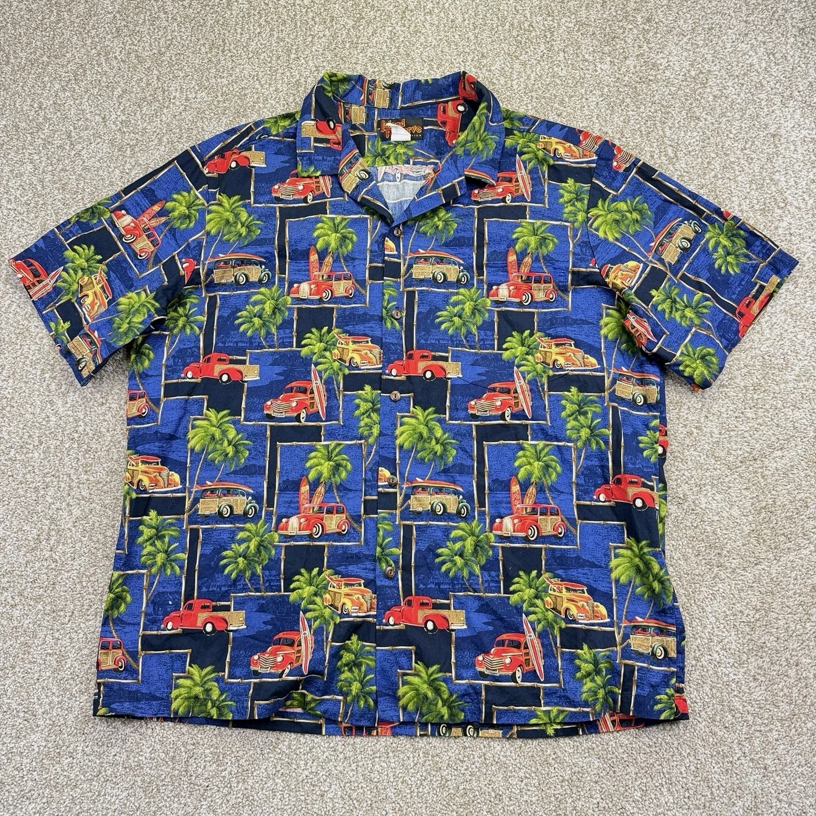 VINTAGE Island Reserve Hawaiian Shirt Men XL Allover Truck Car Blue Short Sleeve