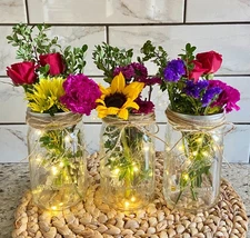 Lighted Mason Jar Vase with Fairy Lights, Rustic Floral Centerpiece