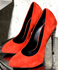 New NWD Guiseppe Zanotti Crystal Heel Red Orange Suede Leather Pumps Heels 5 35