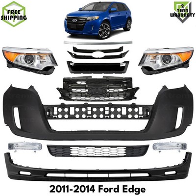 Front Bumper Cover Primed Plastic & Headlights Kit For 2011-2014 Ford Edge