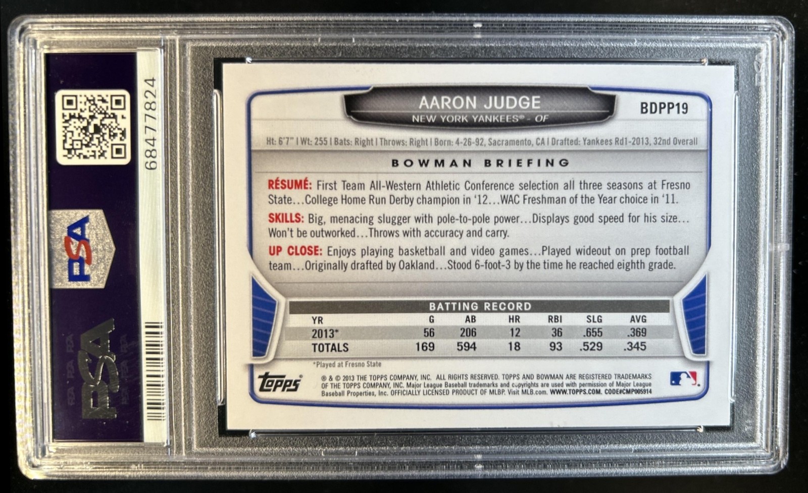 2013 Bowman Draft Picks & Prospects Aaron Judge #BDPP19 Yankees PSA 10 GEM MINT view 2