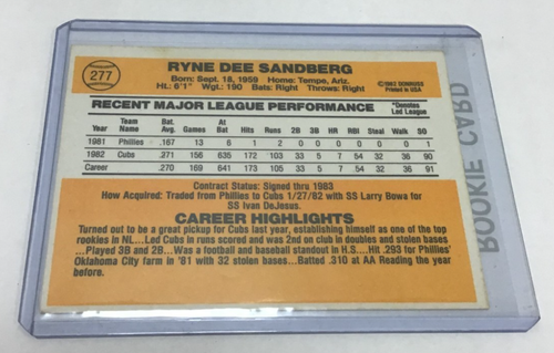 (MA3) 1983 Donruss - Ryne Sandberg #277 (RC) - Picture 2 of 2
