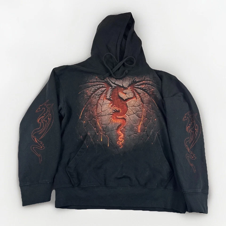 Spriral Dragon Hoodie Mens L Black 90S Flames Y2K Cyber Punk Goth Sweatshirt Vtg - Image 2 of 4