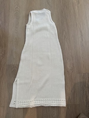 Saks Fifth Avenue Ivory Cotton Knit Crochet Maxi Dress Scoop Neck Size S