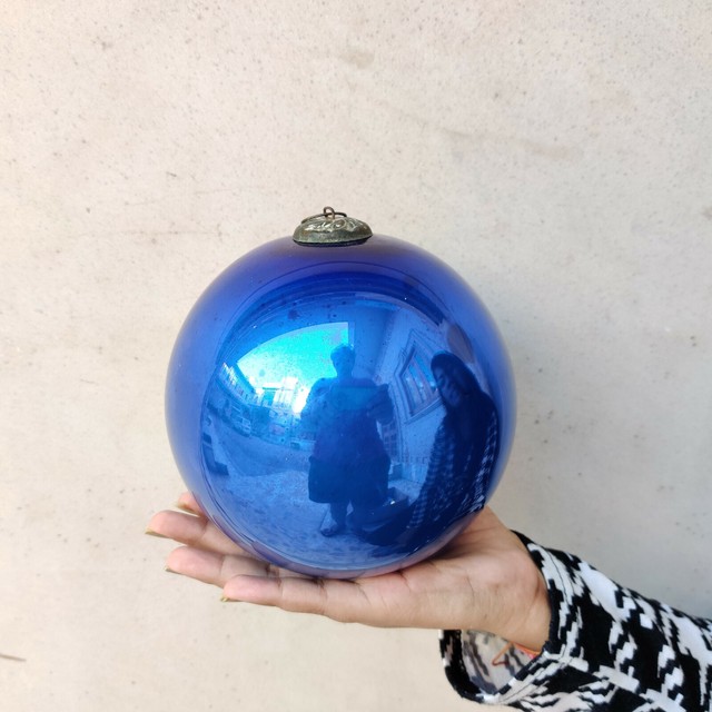Antique Kugel 6" Blue Round Christmas Ornament Germany Original Old