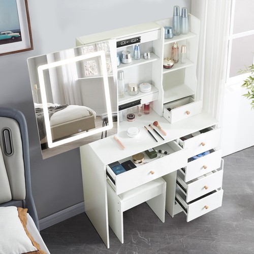 White Dressing Table Stool Set Vanity Desk w/ LED Lights Makeup Sliding Mirror - Picture 6 of 10