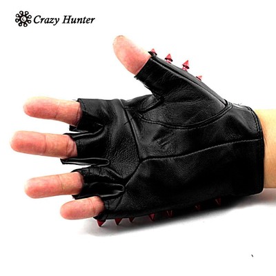 Red Metal Spike Studded Leather Fingerless Half finger Gloves
