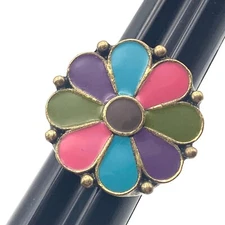 Enamel Flower Ring, Green Pink Blue Purple Petal Hippie Jewelry, Flower Power