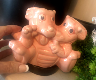 Vtg MCM 1950s Pink Ceramic Two Headed DRAGON Figurine BABY Room PLANTER POT Vase