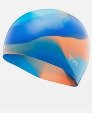 TYR Tie Dye BLUE/ORANGE Junior Swim Cap - SILICONE NEW WITH TAGS