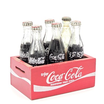 Vintage Coca Cola Wood Crate 6 Mini Glass Soda Bottles Coke Multi