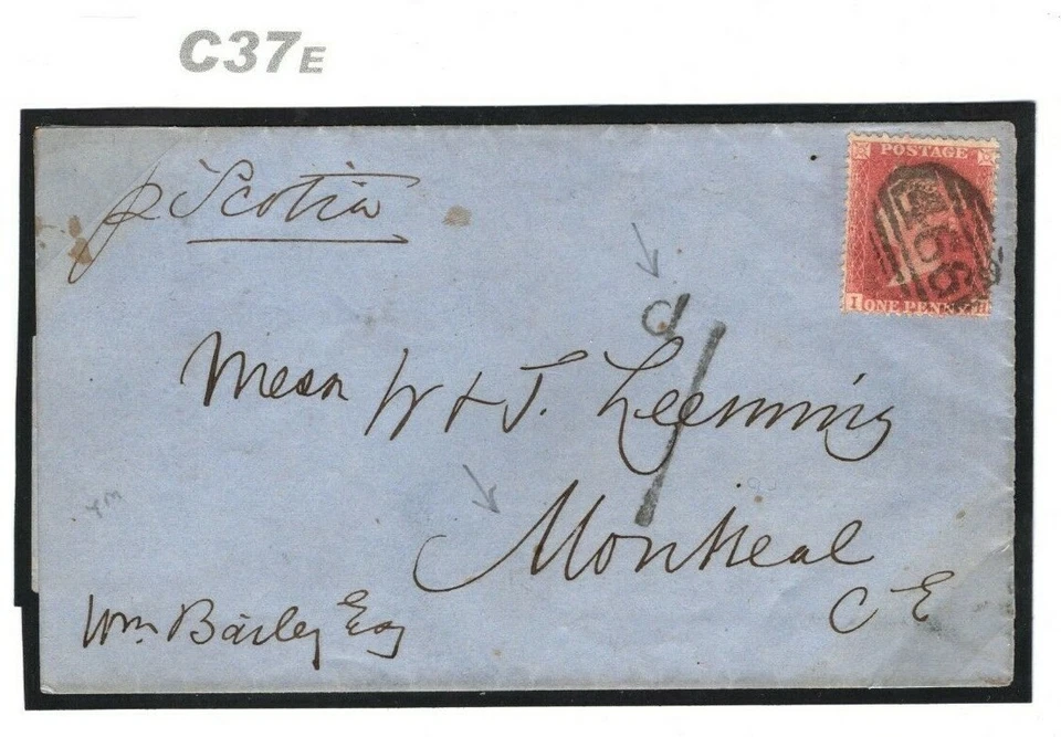 GB Cubierta MARÍTIMA Transatlántica 1d Roja CUNARD Impresa Materia Canadá 1862 C37e Foto 2 de 4