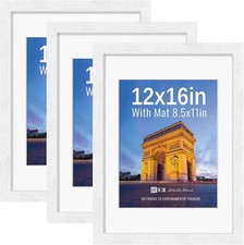 3 PACK 12x16 White Picture Frame, Wood Frame w/ Tempered Glass, Matted to 8.5x11