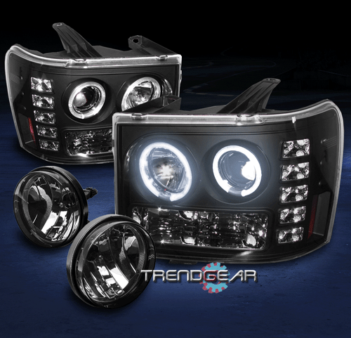 2007-2013 GMC SIERRA DENALI PICKUP HALO LED BLACK PROJECTOR HEAD LIGHT+SMOKE FOG - Picture 1 of 4