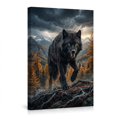 #ad Fierce Black Wolf in Mountainous Landscape Poster Wall Art Wild Animal Decor $69.90