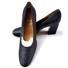Salvatore Ferragamo Charcoal Metallic Fabric Block Heel Pumps Made in Italy 6 2A