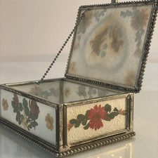 Vintage Floral Glass Trinket Box Beveled Panels Silver Beaded Trim Jewelry Box