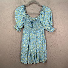 Faithfull The Brand Size 4 Floral Smocked Puff Sleeve Mini Dress Blue & Yellow