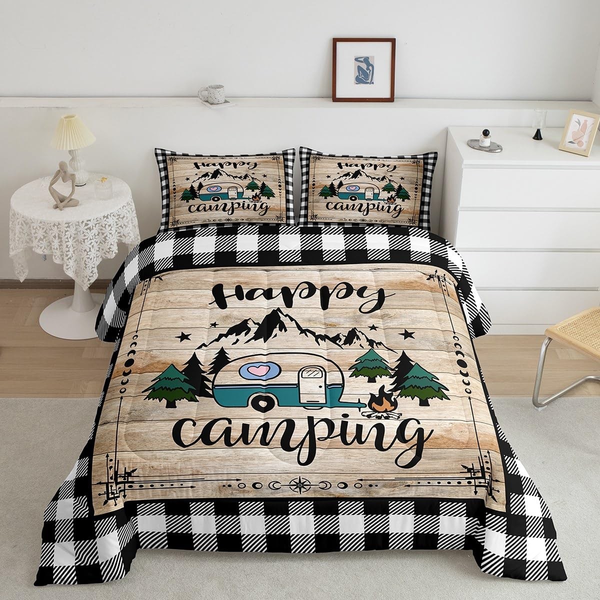 Camp Travel Car Comforter Set Balck and White Buffalo Plaid 