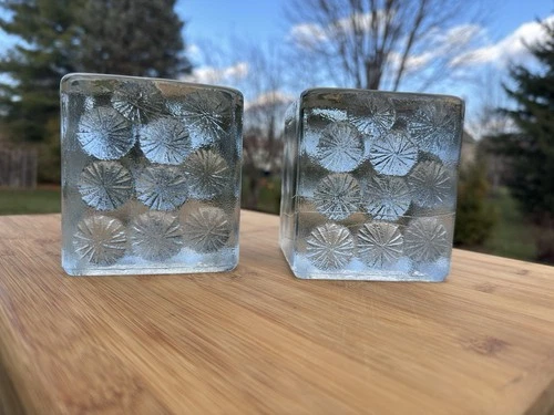 Vintage Blenko Ice Block Art Glass Cubes Bookends Paperweights MCM Pair