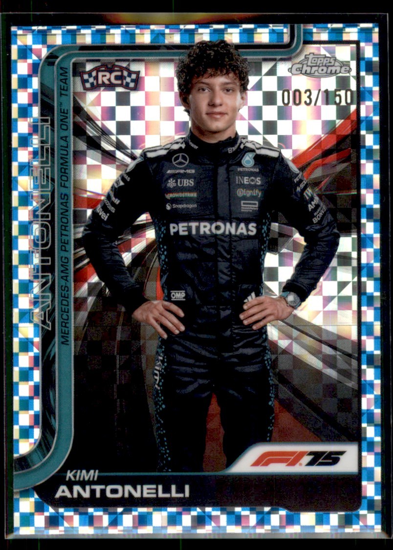 2025 Topps Chrome F1 BLUE CHECKER FLAG KIMI ANTONELLI Mercedes #8 RC 3/150