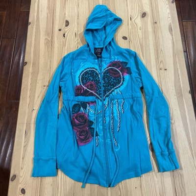 self esteem Women's Size Large Blue Heart Chains Zip Up Hoodie Pre Owned Y2K