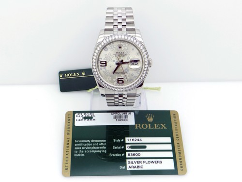 Rolex DateJust 36mm Steel White Gold Watch Diamond Bezel Flower Dial 116244