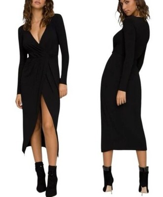 GOOD AMERICAN Plus 3X (6) NWT Black Strong Shoulder Wrap Long Sleeve Midi Dress