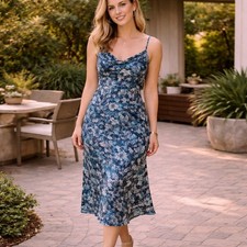 C22 Express Midi Dress Floral Spaghetti Strap Blue Size 9/10