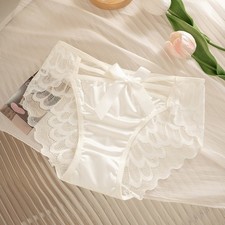 Feminine Satin Bow Hollow Lace Briefs with Cotton Lining for Everyday Elegance