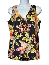 Metaphor Women's Black Floral Ruffle Front Hi - Low  Hem Tank Top - Size Med