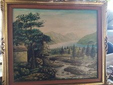 Quadro Olio Su Tela Paesaggio Cornice Legno Firmato pannello d'arredo 