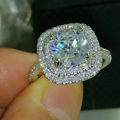 2 Ct Cushion Simulated Diamond Solitaire Halo Wedding Ring 14K White Gold Plated