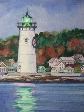 Watercolor Painting Seascape Lighthouse Ocean Landscape Forest ACEO Art