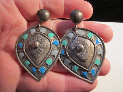 ARTISAN HANDCRAFTED EARRINGS METAL WITH ENAMEL 2 1/2" LONG - BBA-44 - Picture 2 of 3