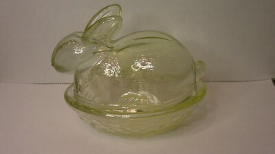 vintage yellow glass Easter Bunny rabbit sitting on nest candy
