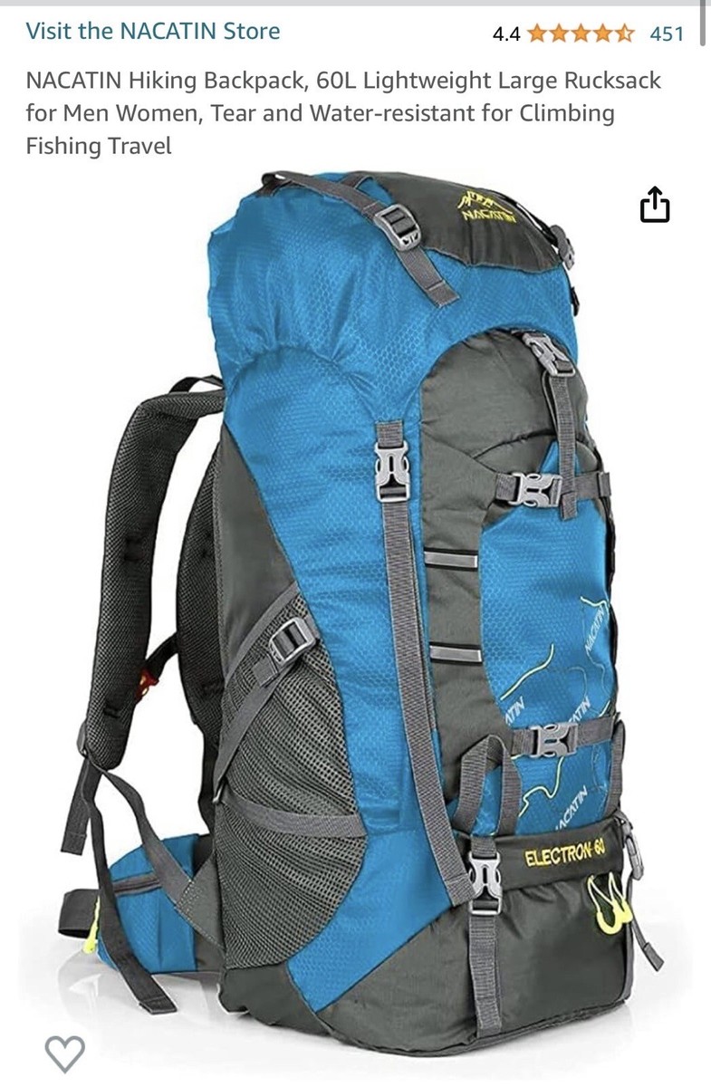 Hiking Backpack 60L Lightweight Large Rucksack Tear and Water-resistant NEW  tt30