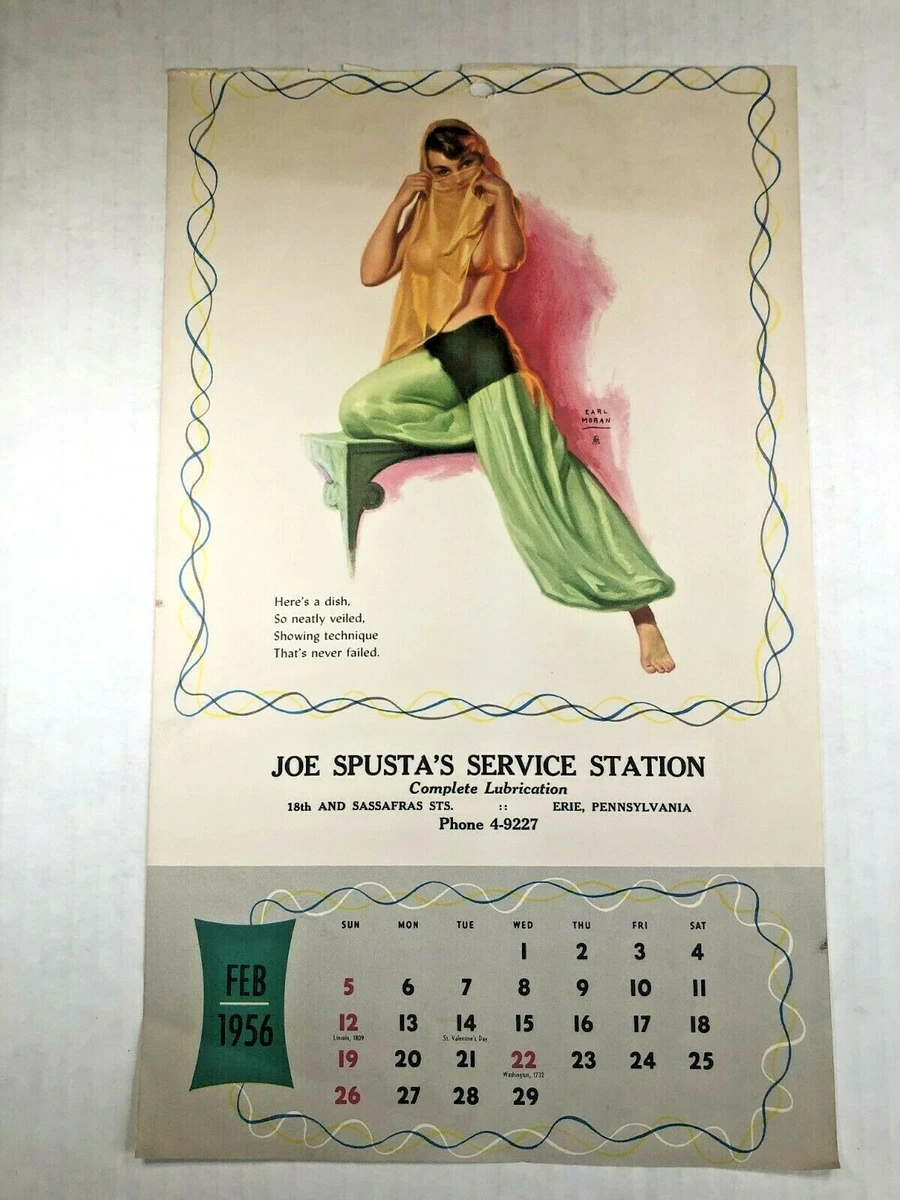 February 1956 Pinup Girl Calendar Page w/ Sexy Belly dancer and Gas Station Ad | eBay february-1956-pinup-girl-calendar-page-w-sexy-belly-dancer-and-gas-station-ad-ebay