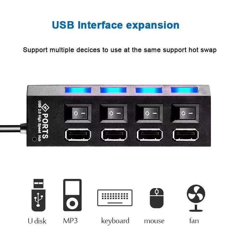 7-Port USB Hub with On/Off Switches, High-Speed Data Transfer, AC Adapter for PC Laptop