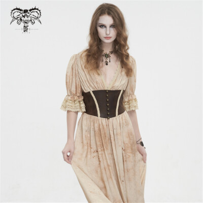 Devil Fashion Women Beige Coffee Gothic Vintage Deep V-Neck Pleated Long Dress